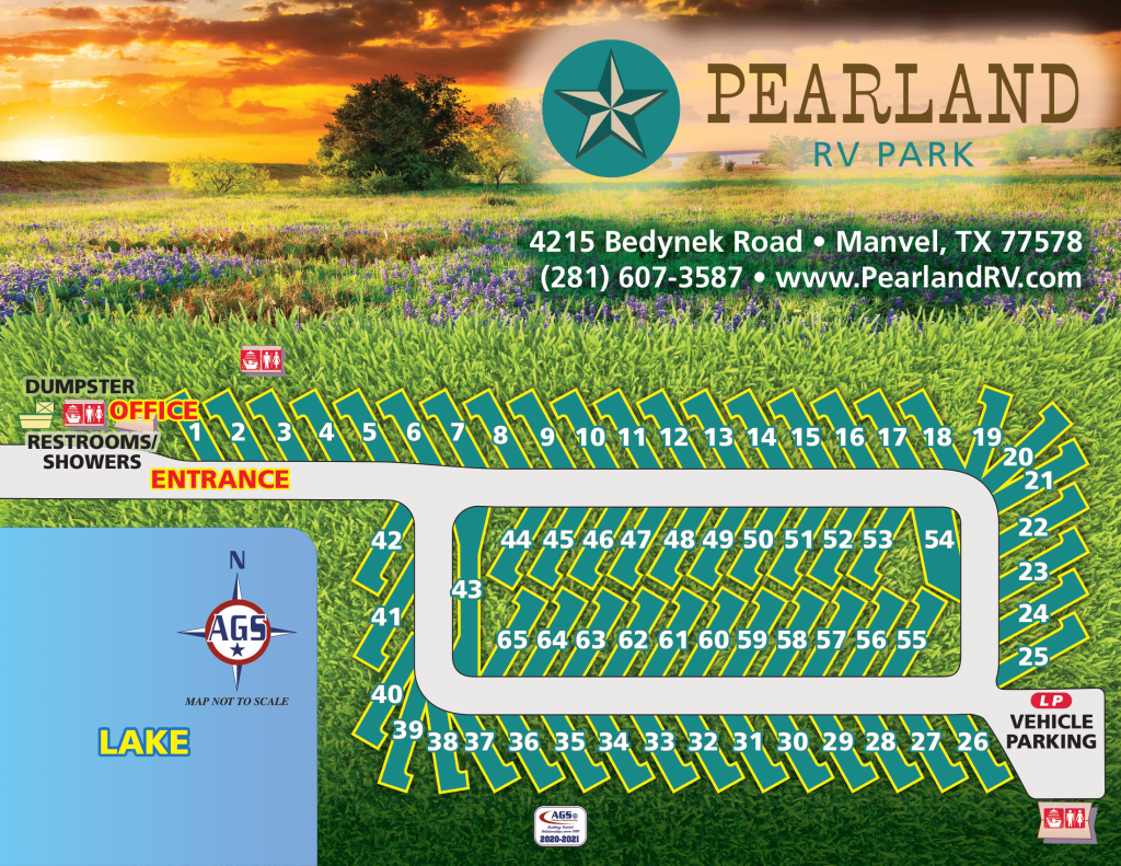 Pearland RV Park 4215 Bedynek Road, Manvel, TX 77578 (281) 607-3587 www.PearlandRV.com Map of Park: Entrance near office, dumpster and restrooms/showers. 65 total RV parking spaces located near a lake. Additional vehicle parking and restroom/showers available near the southeast corner of the park.